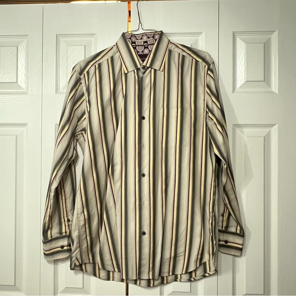 Tommy Bahama Striped Men M Shirt classic cotton silk tan burgundy preppy